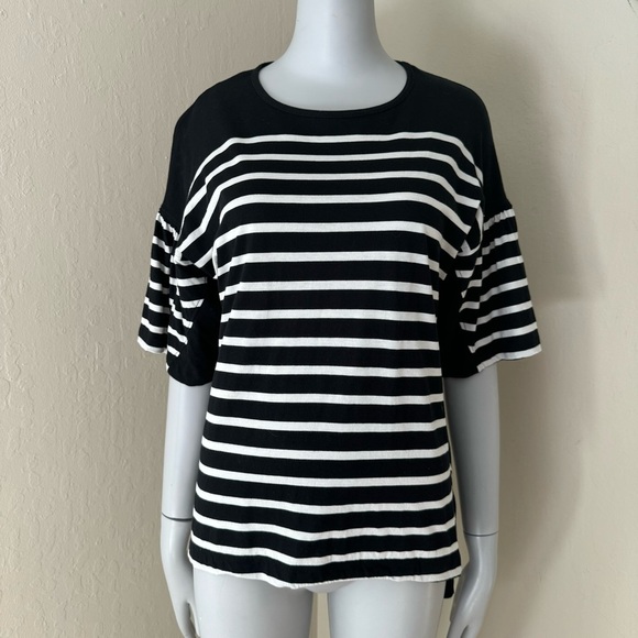 LA LIGNE Striped Cotton Tee Crewneck Elbow-Length Sleeves Black & White Size XS - Picture 5 of 16